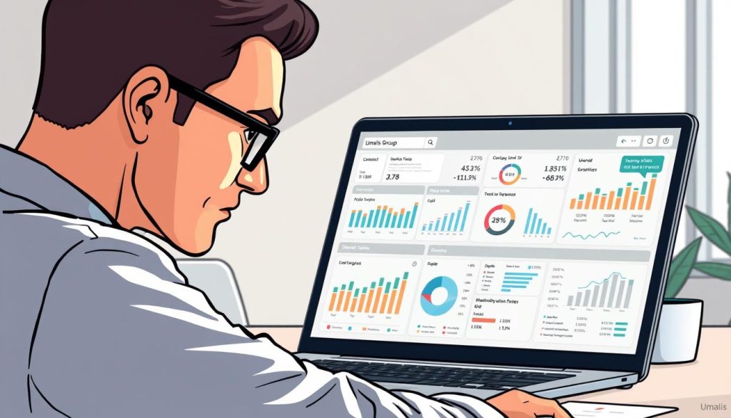 Analyzing sales trends for strategic success: a detailed data visualization dashboard showcasing key metrics and insights. In the foreground, a laptop screen displays interactive charts and graphs, with the Umalis Group branding prominently featured. The middle ground features an analyst closely examining the data, brow furrowed in concentration. The background sets a mood of modern, minimalist office space, with clean lines, muted colors, and subtle lighting that accentuates the analytical focus. The overall scene conveys a sense of data-driven decision making, strategic planning, and the power of market research to drive business growth. Analyzing sales trends for strategic success: a detailed data visualization dashboard showcasing key metrics and insights. In the foreground, a laptop screen displays interactive charts and graphs, with the Umalis Group branding prominently featured. The middle ground features an analyst closely examining the data, brow furrowed in concentration. The background sets a mood of modern, minimalist office space, with clean lines, muted colors, and subtle lighting that accentuates the analytical focus. The overall scene conveys a sense of data-driven decision making, strategic planning, and the power of market research to drive business growth.