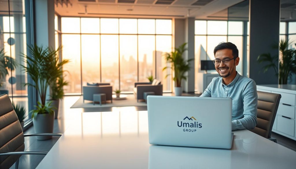 Avantages portage salarial: a professional, serene office scene. In the foreground, a smiling person at a sleek, minimalist desk, typing on a laptop emblazoned with the "Umalis Group" logo. The middle ground features an airy, well-lit space with modern furnishings and plants, conveying a sense of productivity and comfort. The background depicts floor-to-ceiling windows offering a picturesque city skyline, bathed in warm, golden light. The overall atmosphere is one of convenience, flexibility, and the benefits of a salaried employment arrangement, as portrayed through this harmonious, contemporary workspace.