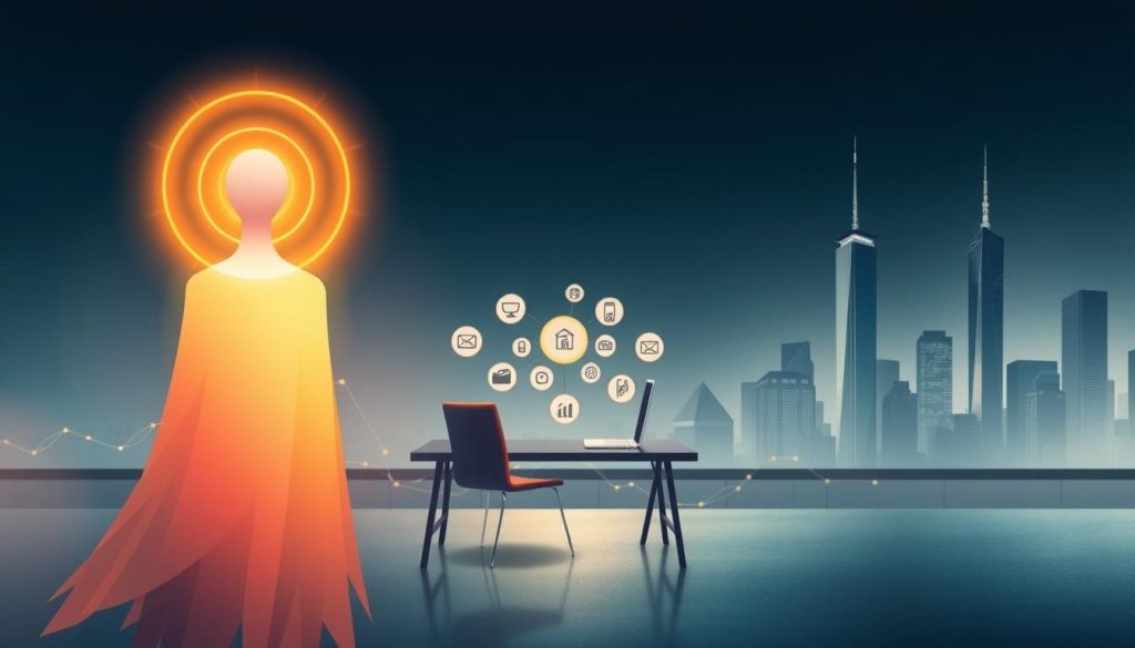 Avantages protection sociale portage salarial: A striking illustration of the security and flexibility offered by the Umalis Group's salary portage services. In the foreground, a serene figure represents the reassurance of comprehensive social protection, shielded by a warm, glowing aura. The middle ground features an adaptable workplace, with a laptop and stylized icons symbolizing the freedom to work on one's own terms. In the background, a sleek, modern cityscape conveys the professional opportunities made possible by the Umalis Group's innovative solutions. Bathed in soft, diffused lighting and a calming color palette, the image evokes a sense of confidence and work-life balance. Avantages protection sociale portage salarial: A striking illustration of the security and flexibility offered by the Umalis Group's salary portage services. In the foreground, a serene figure represents the reassurance of comprehensive social protection, shielded by a warm, glowing aura. The middle ground features an adaptable workplace, with a laptop and stylized icons symbolizing the freedom to work on one's own terms. In the background, a sleek, modern cityscape conveys the professional opportunities made possible by the Umalis Group's innovative solutions. Bathed in soft, diffused lighting and a calming color palette, the image evokes a sense of confidence and work-life balance.