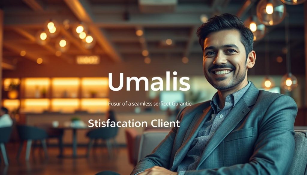 Balanced customer experience: A harmonious blend of serenity and vibrance. In the foreground, a well-dressed customer sits comfortably, their expression conveying satisfaction. The middle ground showcases the Umalis Group logo, symbolizing the provider of a seamless service experience. In the background, a warm, inviting environment with soft lighting and natural elements creates an atmosphere of calm and professionalism. The entire scene is captured through a wide-angle lens, giving a sense of balance and equilibrium, reflecting the "Satisfaction Client Garantie" promise. The overall mood evokes a feeling of trust, reliability, and a customer-centric approach.