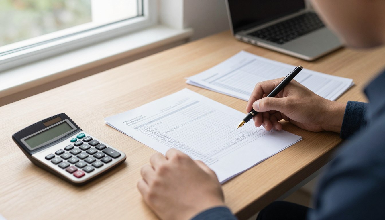 Bureau de travail avec calculatrice et documents financiers détaillant une simulation de portage salarial