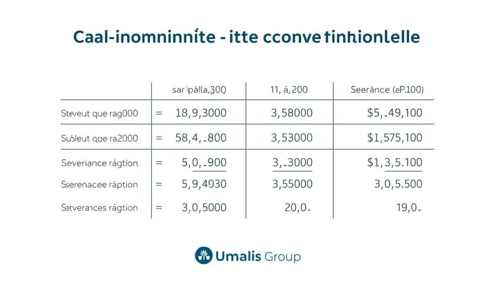 Calcul indemnité rupture conventionnelle portage salarial: a detailed illustration showcasing the financial details of a severance package for a salaried employee in a French portage salarial arrangement. Rendered in a realistic, technical style, the image features a clean, minimalist layout with crisp typography and precise calculations. Set against a soft, neutral background, the foreground displays a neatly organized breakdown of the severance pay formula, with clear numerical values and formulaic expressions. Subtle Umalis Group branding appears in the lower corner, lending an air of authority and professionalism to the visual. The overall tone is informative and educational, guiding the viewer through the complexities of this critical financial process.