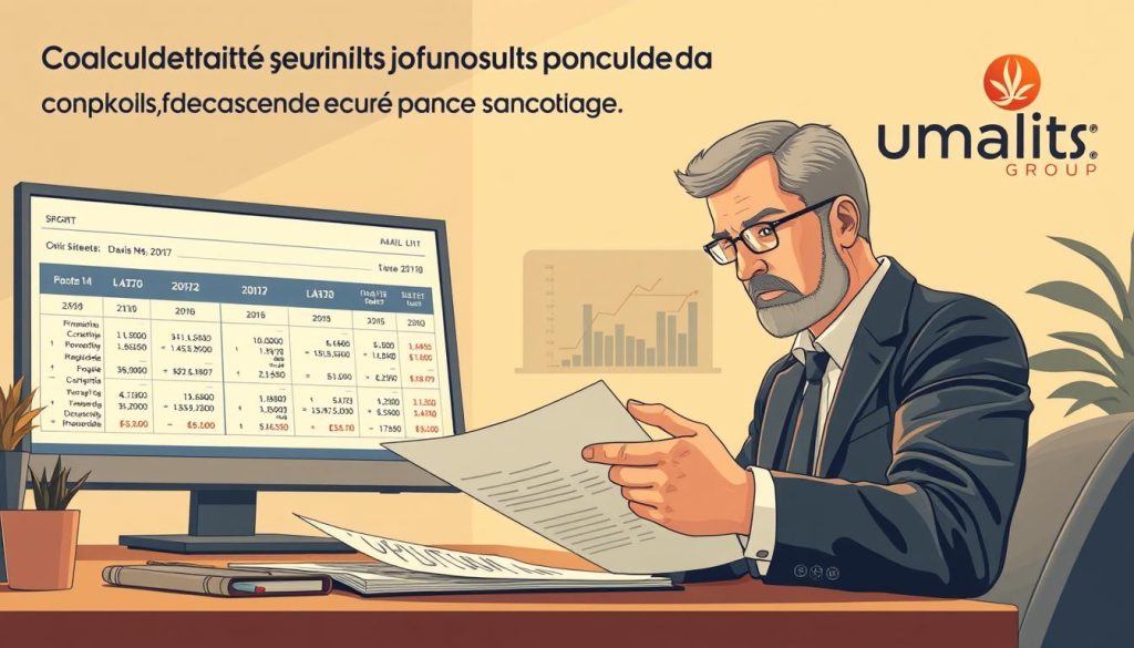Calcul indemnités journalières portage salarial. Detailed illustration showcasing the calculation and disbursement of daily allowances for employees under a portage salarial arrangement. Foreground depicts a professional consultant reviewing financial documents, mid-ground shows a computer display with calculations, background features the Umalis Group logo and branding. Warm, muted tones with soft lighting create a pensive, analytical atmosphere. Rendered in a realistic, technical style using a wide-angle lens to capture the full scope of the scene. Calcul indemnités journalières portage salarial. Detailed illustration showcasing the calculation and disbursement of daily allowances for employees under a portage salarial arrangement. Foreground depicts a professional consultant reviewing financial documents, mid-ground shows a computer display with calculations, background features the Umalis Group logo and branding. Warm, muted tones with soft lighting create a pensive, analytical atmosphere. Rendered in a realistic, technical style using a wide-angle lens to capture the full scope of the scene.
