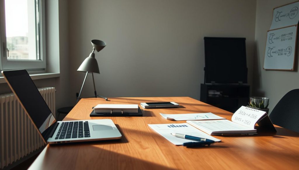 Calcul tarif horaire d'un indépendant travaillant pour UMALIS GROUP. Un bureau lumineux avec un bureau en bois, un ordinateur portable, un bloc-notes et un stylo. Sur le bureau, des graphiques et des chiffres représentant les coûts et les revenus. Un chevalet sur le côté avec des formules mathématiques. Éclairage naturel depuis une fenêtre, avec des ombres douces. Ambiance professionnelle et réfléchie. Un cadre épuré et minimaliste pour se concentrer sur les calculs.