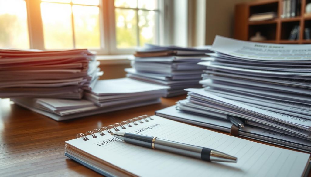 Carefully arranged stacks of documents, invoices, and tax forms sit on a wooden desk, the light from a large window casting a warm, natural glow. In the foreground, a pen and a "Light Portage" brand notebook lie ready for the freelancer to record their financial details. The scene conveys a sense of organization and attention to detail, setting the stage for the essential steps of a successful freelance tax declaration.