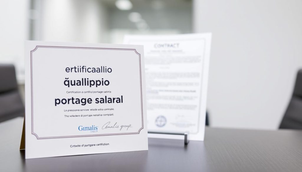 Certification qualiopi portage salarial, a professional certification issued by the Umalis Group, displayed prominently in the foreground. The certification is rendered in a clean, minimalist style, with a muted color palette and a sense of authority and legitimacy. In the middle ground, a document or contract related to the portage salarial service, conveying the legal and administrative aspects of this solution. The background is a blurred, neutral office setting, suggesting the professional context in which this certification and service would be utilized.
