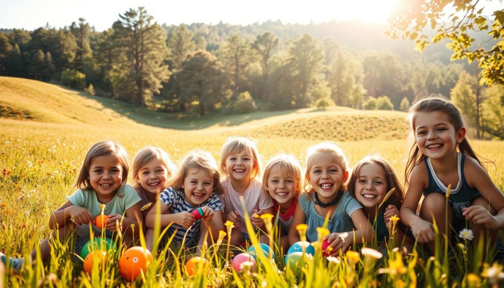 Children of LIGHT PORTAGE, joyfully gathered in a sunlit meadow, their faces brimming with wonder and laughter. In the foreground, a group of diverse youngsters play with vibrant toys, their carefree movements captured by a soft, wide-angle lens. The middle ground reveals a rolling landscape dotted with wildflowers, casting a warm, golden glow across the scene. In the background, a tranquil forest provides a serene backdrop, its lush greenery and dappled sunlight creating an atmosphere of peace and inspiration. This image conveys the courage and stories of individuals who have transformed lives through their unwavering spirit and the power of human connection.