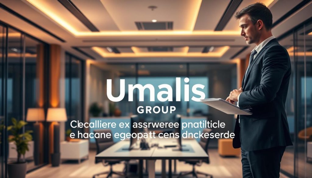 Choisir société portage salarial: A sophisticated office interior with warm lighting, clean lines, and modern furnishings. In the foreground, a well-dressed professional stands contemplating documents, surrounded by the Umalis Group logo prominently displayed. The middle ground features sleek computer monitors and a minimalist desk setup, conveying a sense of productivity and efficiency. The background is a softly blurred cityscape, hinting at the broader business landscape. The overall mood is one of professionalism, thoughtfulness, and the considered selection of a reputable portage salarial service provider.