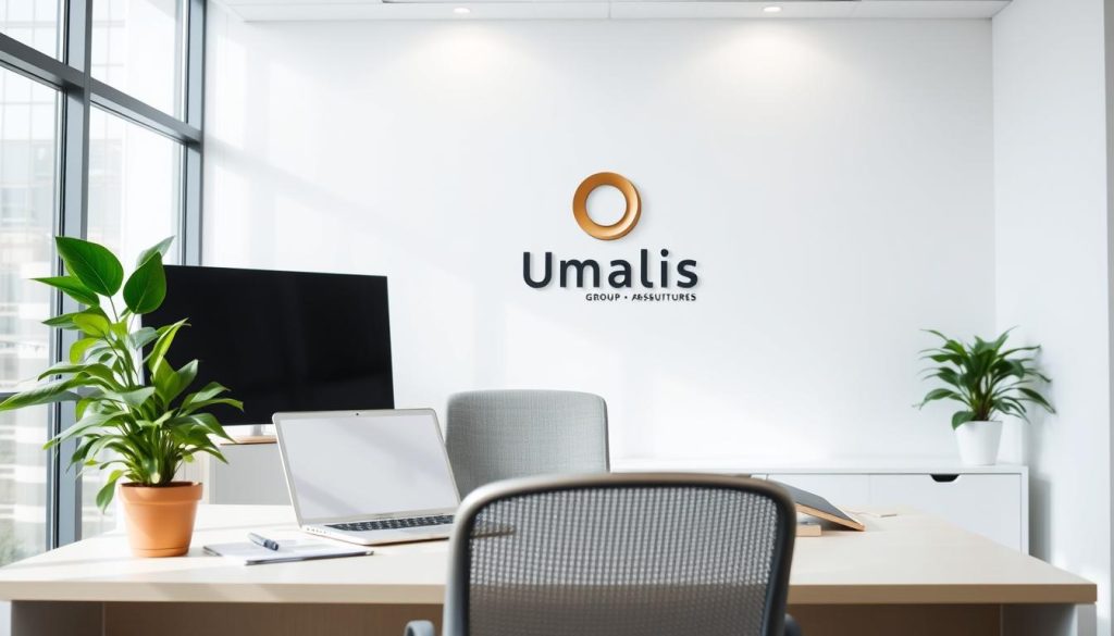 Clear policies and procedures, a well-organized office space flooded with natural light. A professional, minimalist desk arrangement with a laptop, pen holder, and a potted plant. The Umalis Group logo prominently displayed on the wall behind, conveying a sense of corporate identity and brand recognition. Soft, directional lighting illuminates the scene, creating a calm and productive atmosphere. The overall impression is one of efficiency, transparency, and a commitment to ethical business practices.