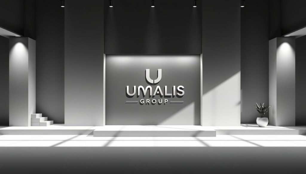 Cohesive and visually striking brand aesthetic for Umalis Group. A sleek, minimalist composition featuring a clean, modern logo in the center, surrounded by subtle yet impactful graphical elements. Soft, muted tones of gray, white, and metallic accents create a high-end, professional vibe. Dramatic side lighting casts dramatic shadows, adding depth and dimension. The overall atmosphere is one of sophistication, elegance, and a strong, recognizable brand identity. Captured with a wide-angle lens to showcase the design elements in a harmonious, balanced layout.