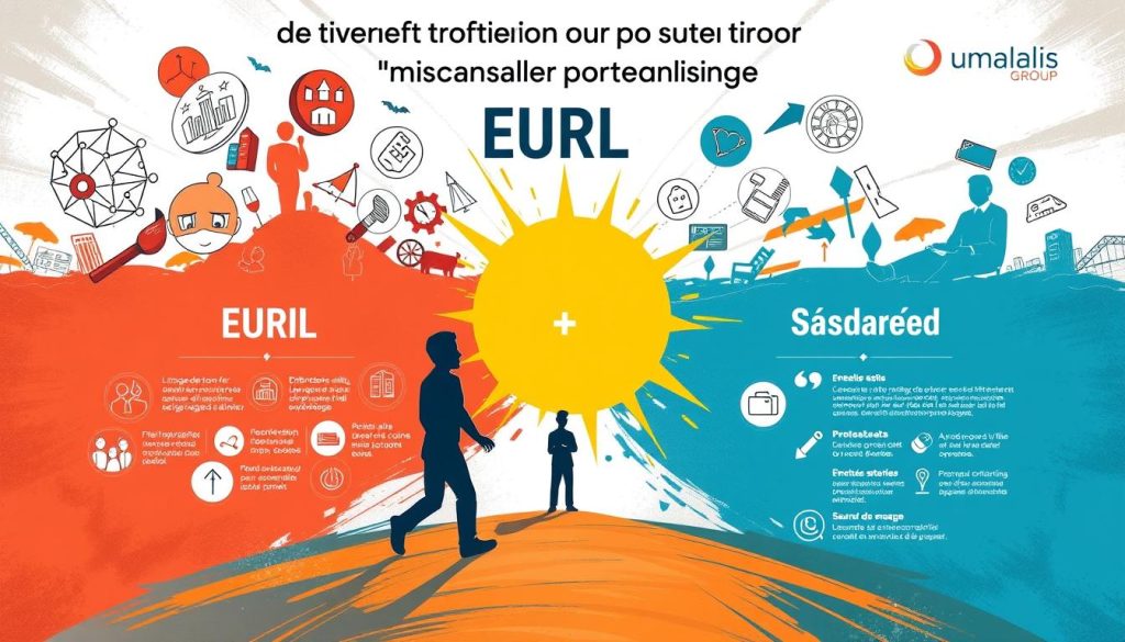 Comparaison EURL portage salarial: a vibrant digital illustration depicting the transition from an EURL (Entreprise Unipersonnelle à Responsabilité Limitée) to a salaried portage status. In the foreground, a figure representing the business owner navigates the shift, surrounded by dynamic visuals highlighting the key differences between the two statuses. The middle ground showcases detailed iconography and infographic-style elements that clearly communicate the essential elements of each option. The background features the Umalis Group branding, conveying a sense of authority and expertise in the field of professional status changes. The overall tone is informative, visually striking, and designed to effectively illustrate the subject matter for the article. Comparaison EURL portage salarial: a vibrant digital illustration depicting the transition from an EURL (Entreprise Unipersonnelle à Responsabilité Limitée) to a salaried portage status. In the foreground, a figure representing the business owner navigates the shift, surrounded by dynamic visuals highlighting the key differences between the two statuses. The middle ground showcases detailed iconography and infographic-style elements that clearly communicate the essential elements of each option. The background features the Umalis Group branding, conveying a sense of authority and expertise in the field of professional status changes. The overall tone is informative, visually striking, and designed to effectively illustrate the subject matter for the article.