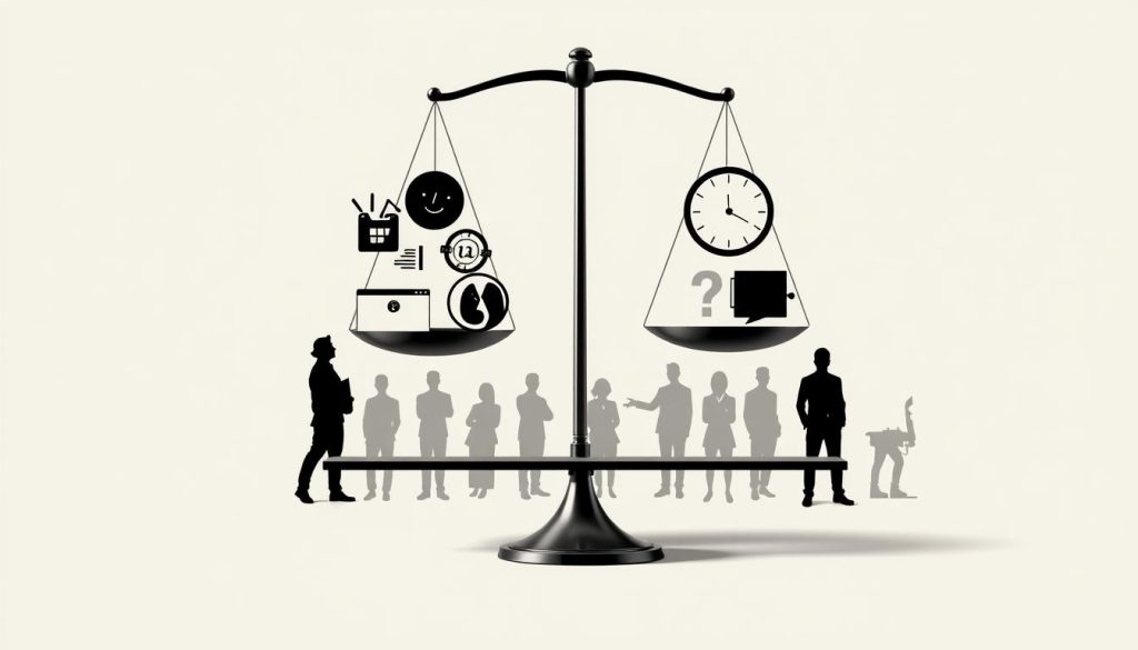 Comparaison avantages inconvénients portage salarial: a sleek, minimalist illustration showcasing the advantages and drawbacks of the "Umalis Group" freelance employment model. Set against a neutral, light-colored backdrop, the foreground features a balanced scale, with one side weighted by positive icons like a briefcase, clock, and smiling figure, and the other by negative symbols like a frowning face, clock, and puzzle pieces. The middle ground depicts silhouettes of individuals in various poses, representing the diverse aspects of the portage salarial experience. Soft, directional lighting casts subtle shadows, creating depth and emphasizing the conceptual contrast. The overall tone is one of thoughtful, analytical consideration of this employment approach. Comparaison avantages inconvénients portage salarial: a sleek, minimalist illustration showcasing the advantages and drawbacks of the "Umalis Group" freelance employment model. Set against a neutral, light-colored backdrop, the foreground features a balanced scale, with one side weighted by positive icons like a briefcase, clock, and smiling figure, and the other by negative symbols like a frowning face, clock, and puzzle pieces. The middle ground depicts silhouettes of individuals in various poses, representing the diverse aspects of the portage salarial experience. Soft, directional lighting casts subtle shadows, creating depth and emphasizing the conceptual contrast. The overall tone is one of thoughtful, analytical consideration of this employment approach.