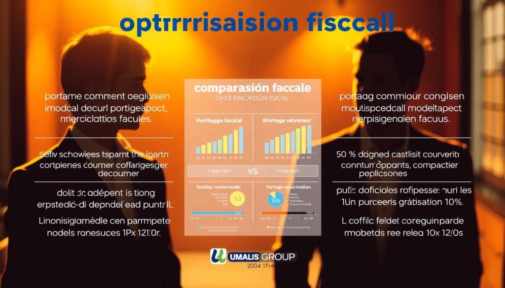 Comparaison fiscale: a detailed side-by-side illustration showcasing the financial implications of the "portage salarial" employment model versus other independent work arrangements. In the foreground, two personas representing the contrasting statuses, bathed in warm lighting that conveys a sense of professional assessment. The middle ground features a visual breakdown of key fiscal indicators, rendered in a clean, infographic style. In the background, the Umalis Group logo subtly anchors the scene, underscoring the authoritative expertise behind this comparative analysis.