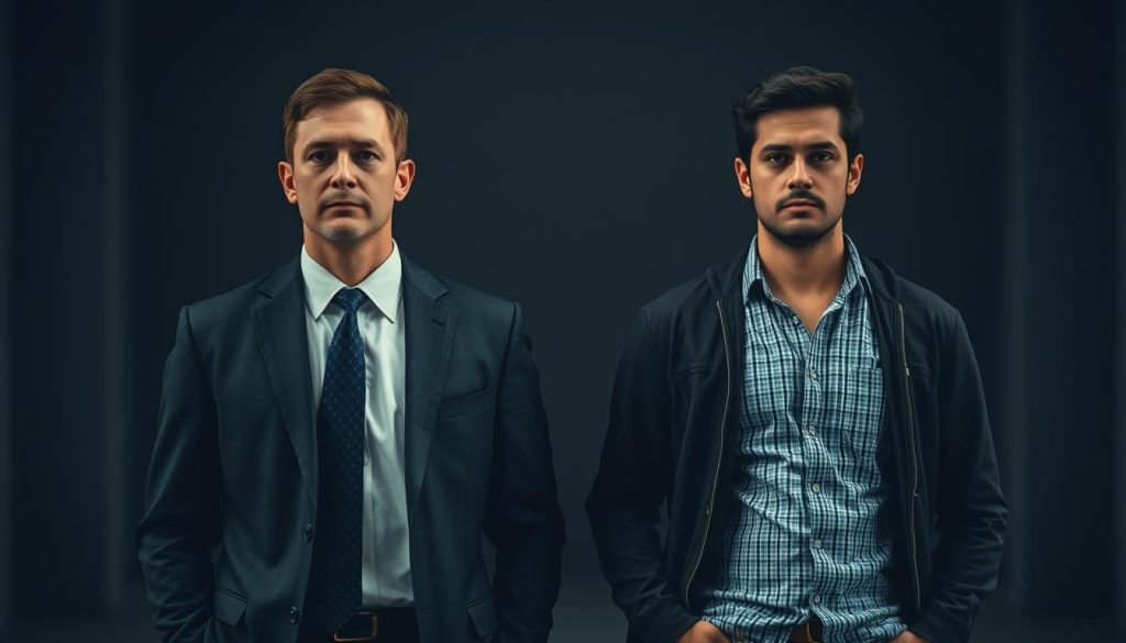 Comparaison of the status of salaried portage and independent workers, showcasing the UMALIS GROUP. A visually striking scene depicting two contrasting figures - one in a formal business suit, the other in casual attire, standing side-by-side. Diffuse lighting creates a pensive, contemplative atmosphere, with subtle details highlighting the differences in their professional standing and lifestyles. The background blurs to focus attention on the central figures, emphasizing the comparative nature of their statuses. Muted color tones evoke a sense of seriousness and thoughtfulness, inviting the viewer to consider the nuances between salaried portage and independent work.