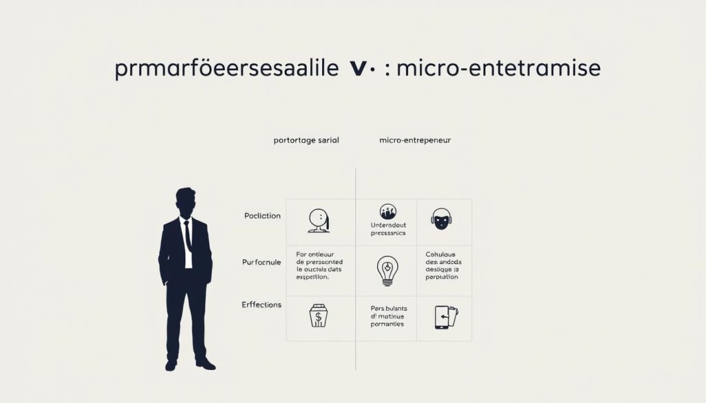 Comparaison portage salarial micro-entreprise: A sleek, minimalist illustration showcasing the key differences between the UMALIS GROUP's portage salarial and micro-entrepreneur options. In the foreground, two silhouetted figures represent the respective business models, with clean lines and subtle textures. The midground features a grid-like layout highlighting the core attributes of each, conveyed through simple iconography and concise labels. The background presents a sophisticated, muted color palette, evoking a sense of professionalism and informed decision-making. The overall composition aims to provide a clear, visually striking comparison to support the article's guidance for independent professionals.