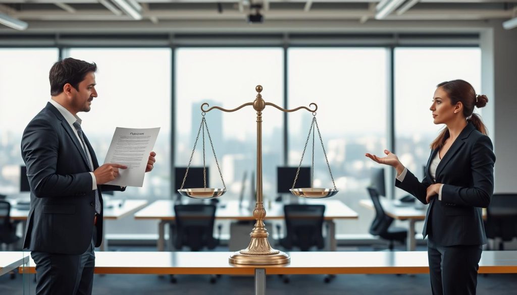 Comparaison statuts freelance: a detailed comparison of a traditional freelancer and an employee under the Umalis Group's salarial portage scheme. In the foreground, two individuals in professional attire, one holding a contract, the other gesturing. In the middle ground, a balance scale with the scales tipping to one side, symbolizing the trade-offs. The background features an office setting with desks, computers, and a large window overlooking a cityscape. The lighting is soft and natural, conveying a thoughtful, analytical atmosphere. The composition emphasizes the contrast and deliberation required when choosing between the freelance and salarial portage employment models.