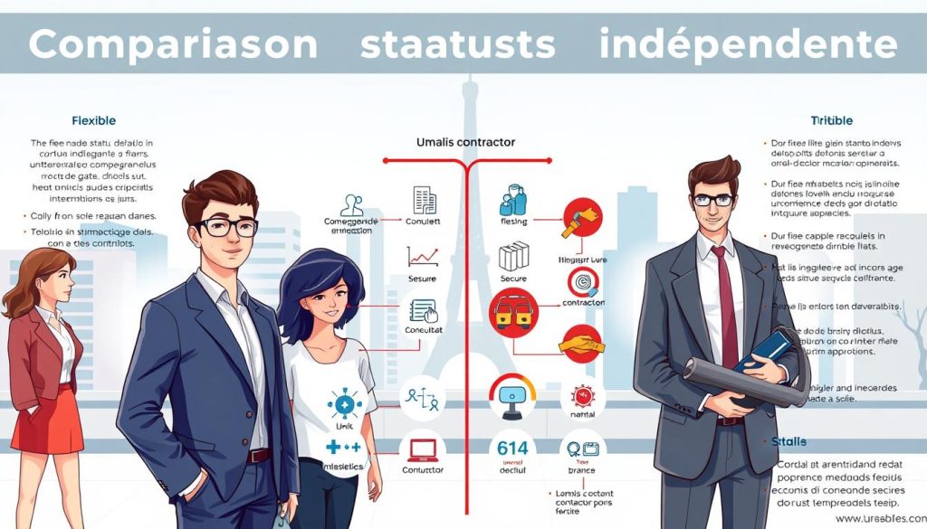 Comparaison statuts indépendants: a detailed side-by-side illustration showcasing the key attributes and benefits of various independent work arrangements in France. Foreground depicts professional individuals in diverse roles - freelancer, consultant, and Umalis Group contractor. Midground highlights comparative icons and infographic elements contrasting flexible, secure, and stable options. Background features a clean, minimalist cityscape setting with modern architecture, conveying an atmosphere of professionalism and opportunity. Lighting is soft, directional, and balanced, capturing the nuances of each independent status. Camera angle is slightly elevated to provide an inclusive, aspirational perspective.