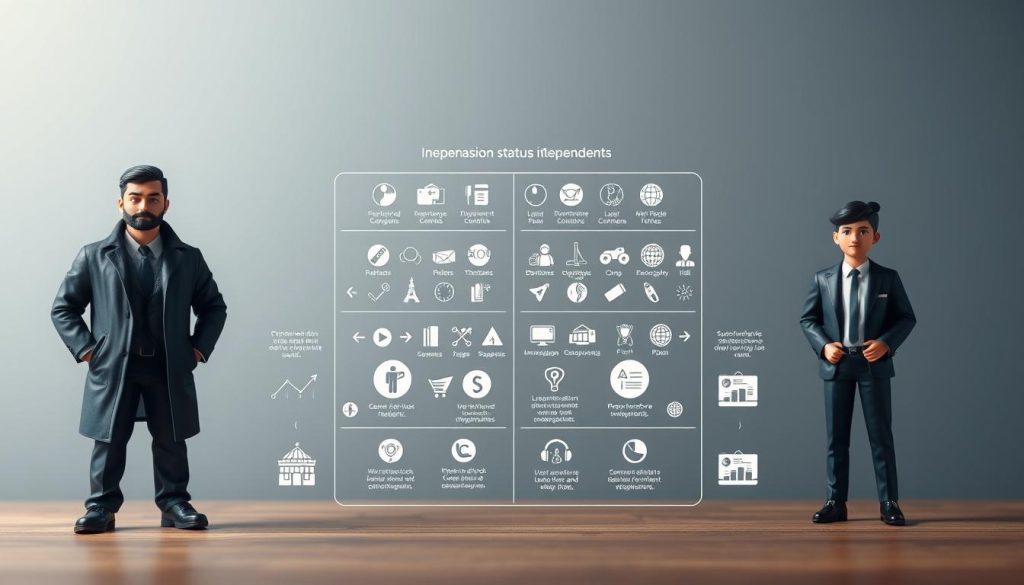 Comparaison statuts indépendants: a meticulously crafted visual representation of the key differences between freelance, auto-entrepreneurship, and UMALIS GROUP's salaried portage. In the foreground, three distinct character avatars symbolize these independent work models, each with their own unique traits and attire. The middle ground showcases an array of detailed icons and infographic elements, providing a clear visual breakdown of the advantages and functionalities of each status. The background features a subtle, professional gradient that sets an authoritative, informative tone. Lighting is soft and even, with a slight vignette effect to draw the viewer's focus. The overall composition conveys a sense of clarity, comparison, and informed decision-making for those exploring independent work options.