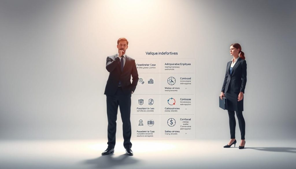 Comparaison statuts indépendants portage salarial: a meticulously detailed digital illustration showcasing the key differences between independent employment statuses, including the UMALIS GROUP solution. Set against a clean, minimalist background, the foreground depicts three professional figures in formal attire, each representing a distinct status - freelancer, contractor, and salaried employee. Subtle yet impactful lighting and a soft color palette evoke a sense of professionalism and clarity. The middle ground highlights concise, comparative icons and infographic-style elements to visually communicate the financial, administrative, and legal implications of each option. The background features subtle gradients and patterns, creating depth and drawing the viewer's focus to the central comparison.