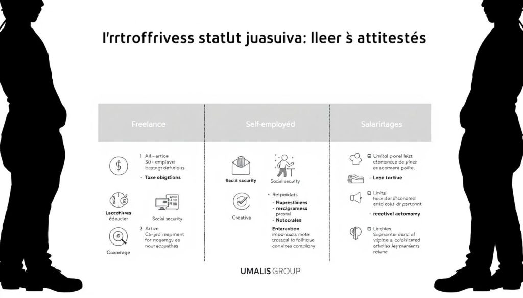 Comparaison statuts juridiques artistes - A detailed illustration depicting the legal status of artists, showcasing the differences between freelance, self-employed, and salarial portage. In the foreground, three figures representing these distinct employment types stand side by side, their silhouettes distinct yet connected. The middle ground features a series of icons and infographic elements highlighting the key attributes of each status, such as tax obligations, social security coverage, and creative autonomy. The background subtly incorporates the Umalis Group branding, conveying the subject's professional context. The overall mood is one of clarity and balance, allowing the viewer to compare and contrast the various artistic career paths.