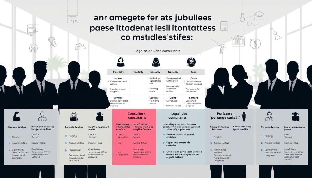 Comparaison statuts juridiques consultants: a detailed illustration showcasing the legal structures available for consultants, including the Umalis Group's "portage salarial" solution. The foreground features silhouettes of various consultant profiles, each with a corresponding status icon. The middle ground presents a grid-like layout highlighting the key attributes of each legal structure, such as flexibility, security, and tax implications. The background subtly blends professional icons, data visualizations, and a minimalist office setting, creating an atmosphere of informed decision-making. The image conveys a sense of clarity and comprehension regarding the complex landscape of consultant employment options.