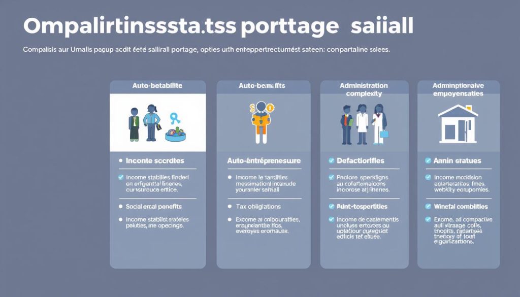 Comparaison statuts portage salarial: a detailed infographic illustration showcasing the key differences between the Umalis Group's salarial portage model and other entrepreneurial statuses like auto-entrepreneurship. The scene depicts three distinct panels - the salarial portage option in the foreground, auto-entrepreneurship in the middle ground, and other conventional employment statuses in the background. Each panel highlights relevant metrics like income stability, social benefits, tax obligations, and administrative complexity using clean iconography and balanced color palettes. The overall mood is informative and objective, guiding the viewer through a comprehensive side-by-side analysis to help them make an informed career decision.