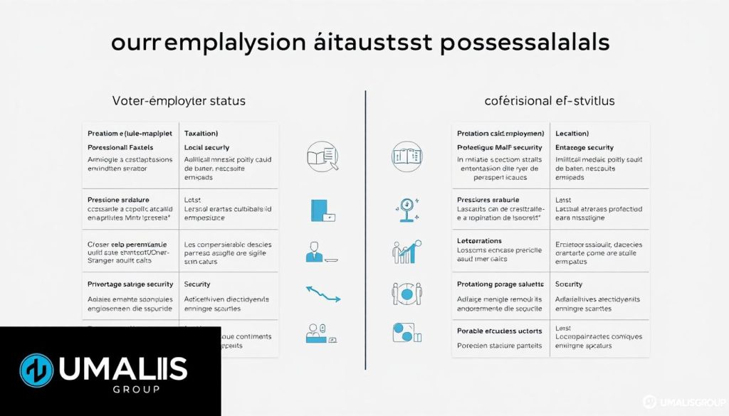 Comparaison statuts professionnels: A detailed side-by-side visual comparison of the self-employed (auto-entrepreneur) and professional employment (portage salarial) statuses. Set against a clean, minimalist background, the image features precise iconography and typography to illustrate the key differences in taxation, social security, and legal protections. In the foreground, a UMALIS GROUP logo anchors the comparison, while the middle ground showcases carefully arranged data visualizations. The overall mood is informative and analytical, with a sleek, modern aesthetic to match the professional subject matter.