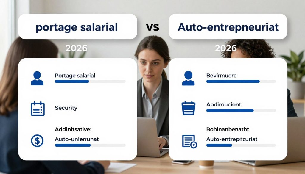 Comparaison visuelle entre portage salarial et auto-entrepreneuriat en 2026