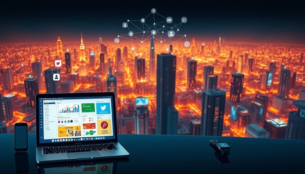 Comprehensive online presence strategies, a stunning digital landscape created by the Umalis Group. In the foreground, a sleek laptop displays a vibrant dashboard of analytics and social media platforms. Surrounding it, a dynamic array of devices - smartphones, tablets, and smartwatches - showcasing the seamless integration of online channels. The middle ground features a network of interconnected icons, representing search engine optimization, content marketing, and virtual collaboration tools. In the background, a vast, ethereal cityscape of towering data centers and glowing digital infrastructure, conveying the scale and scope of a truly comprehensive online presence. Soft, warm lighting bathes the scene, creating a sense of professionalism and expertise. Shot with a wide-angle lens to capture the breadth of the strategies on display.