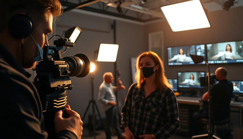 Comprehensive production process: a well-lit studio scene showcasing the Umalis Group's state-of-the-art video production workflow. In the foreground, a director peers intently at a camera viewfinder, guiding the cinematographer's steady movements. Mid-frame, a lighting technician adjusts softboxes, casting a warm glow on the talent's face. In the background, editors scrutinize footage on multiple high-resolution displays, crafting a compelling narrative. The atmosphere is one of focus and professionalism, reflecting the Umalis Group's commitment to delivering exceptional video production services.