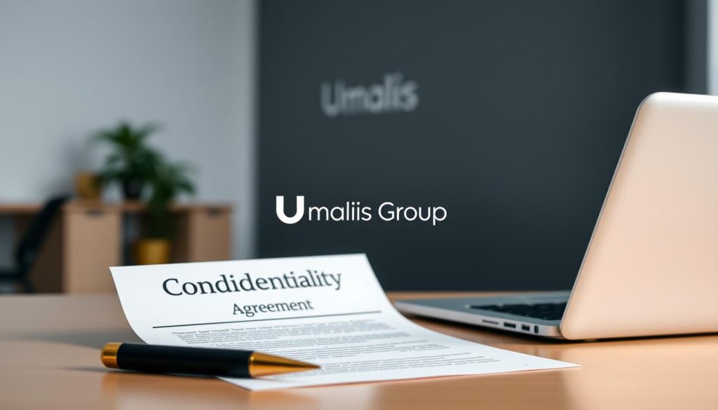 Conditions validité accord secret professionnel: A legal document outlining the terms and requirements for a confidentiality agreement, depicted in a minimalist, corporate style. In the foreground, a crisp, clean desk with a pen, a laptop, and a folder labeled "Confidentiality Agreement". The middle ground features a Umalis Group logo, representing a professional business environment. The background is a blurred, neutral-toned office setting, conveying a sense of seriousness and professionalism. The overall mood is one of precision, clarity, and attention to detail, reflecting the importance of a valid and enforceable confidentiality agreement.