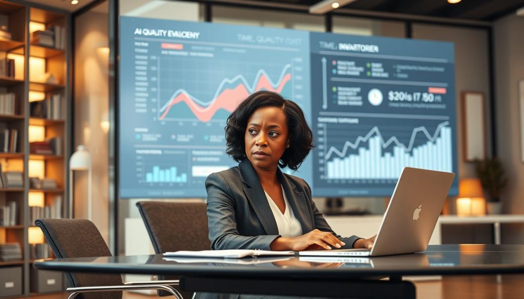 Consultant comparant temps, qualité et coûts du service IA