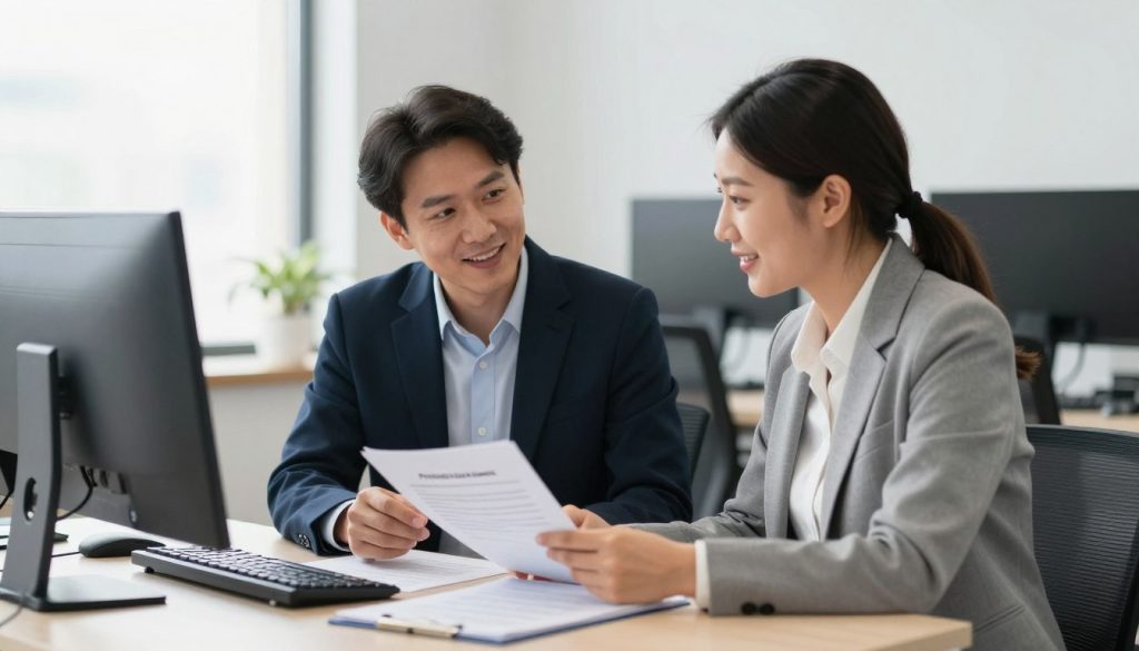 Consultant discutant avec un conseiller d'une société de portage salarial