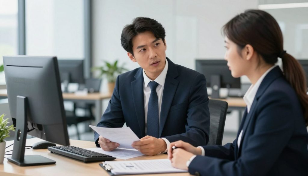 Consultant discutant avec un conseiller spécialisé en portage salarial dans un bureau professionnel
