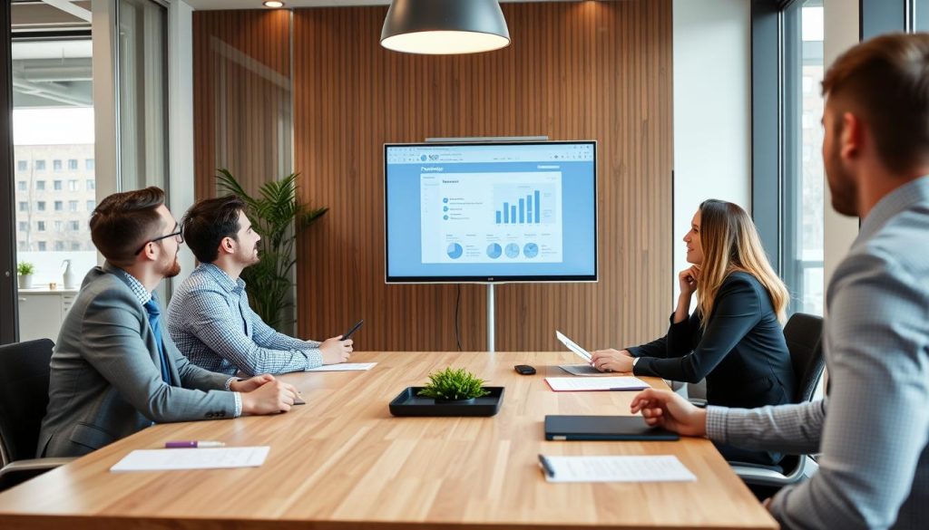 Consultant en portage salarial présentant son projet à des clients dans une salle de réunion moderne