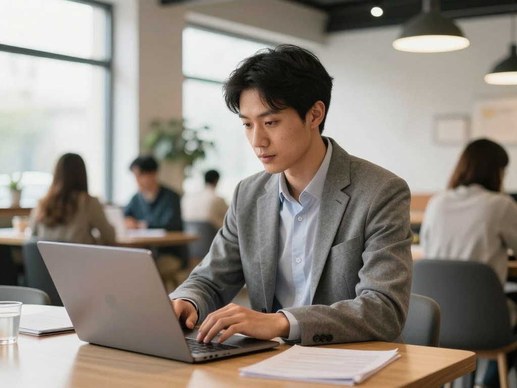 Consultant en portage salarial travaillant sur son ordinateur portable dans un espace de coworking moderne