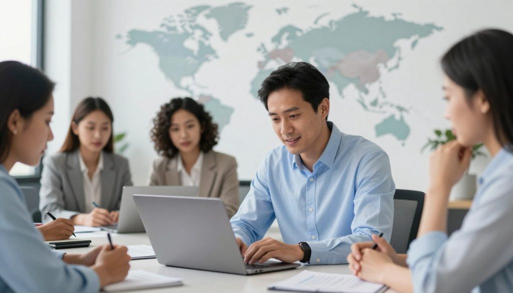 Consultant en portage salarial travaillant sur un projet international avec des collaborateurs de différentes nationalités