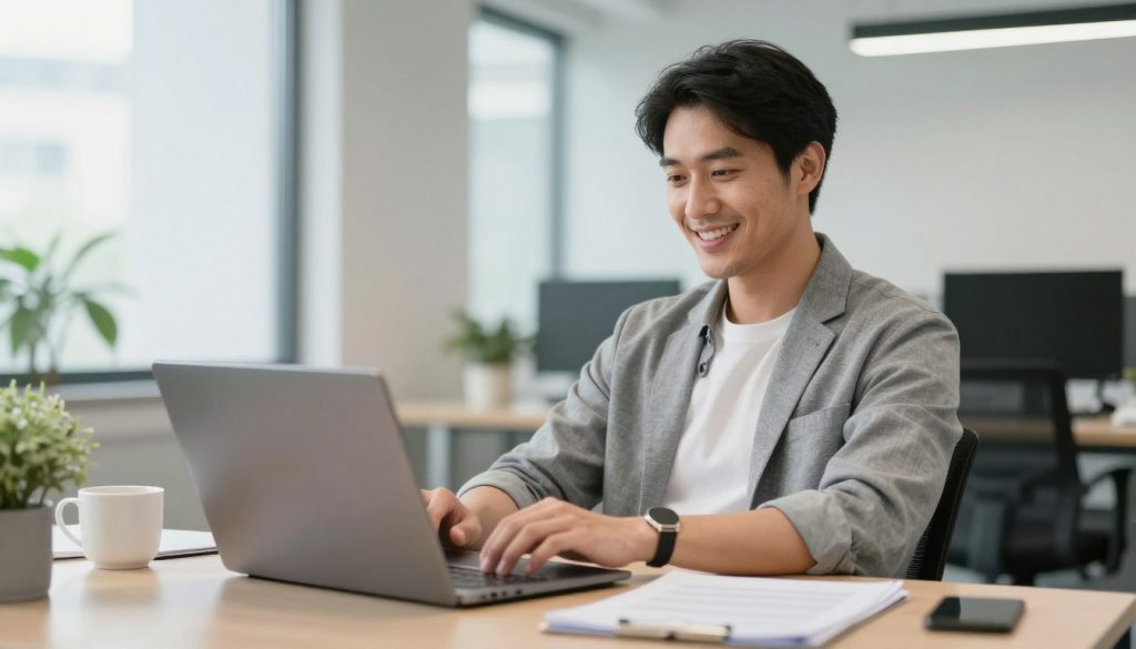 Consultant épanoui travaillant en portage salarial dans un environnement professionnel moderne