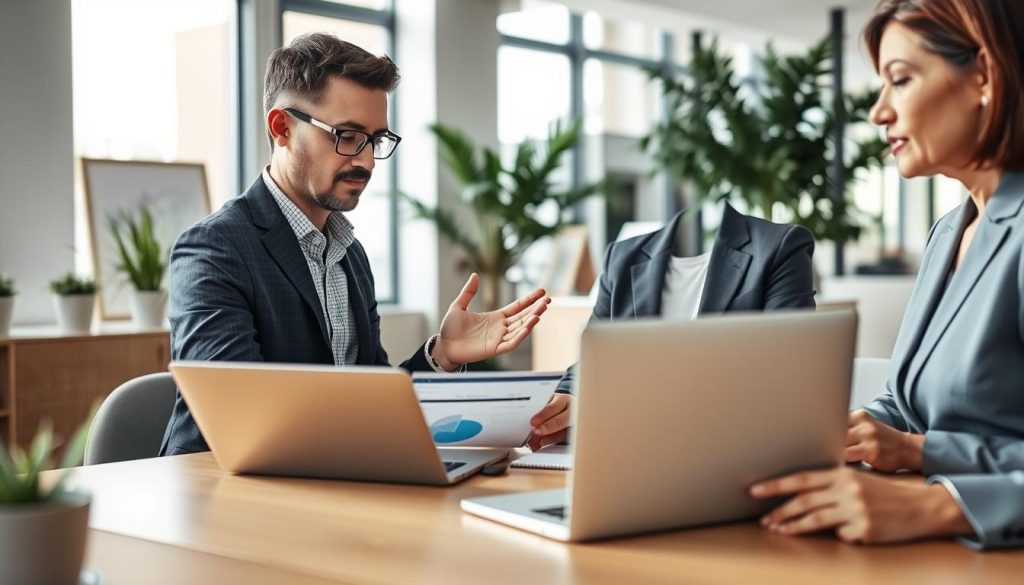 Consultant expliquant une recommandation à une cliente Consultant expliquant une recommandation à une cliente