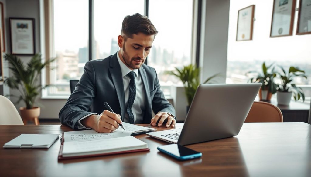 Consultant porté envoyant une demande écrite à son entreprise