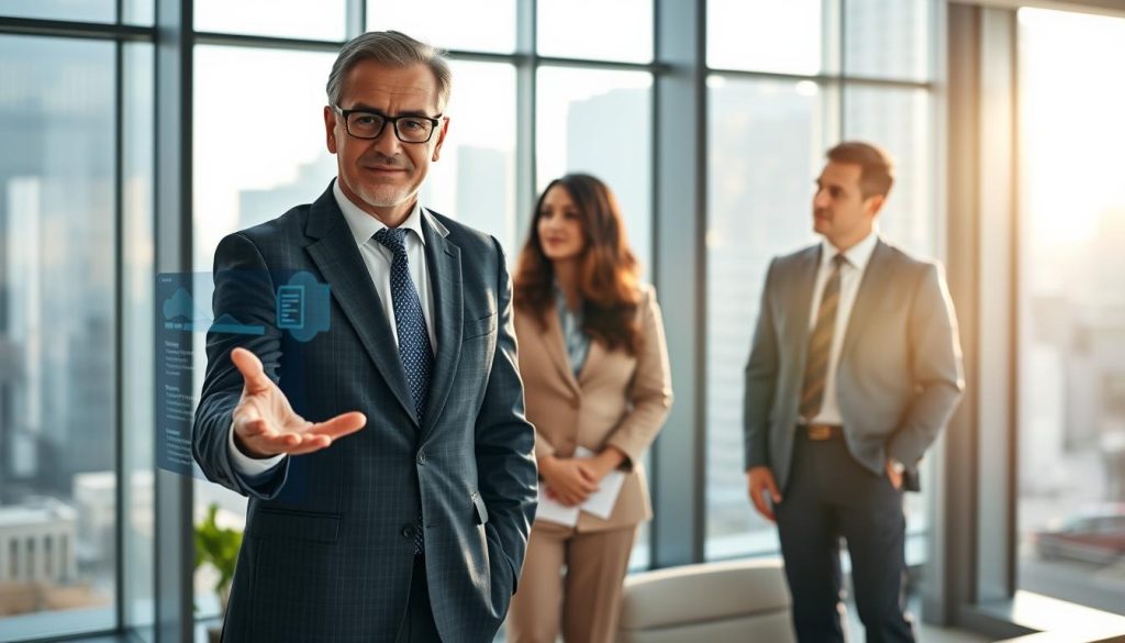 Consultant présentant contrôles et accès aux données du client