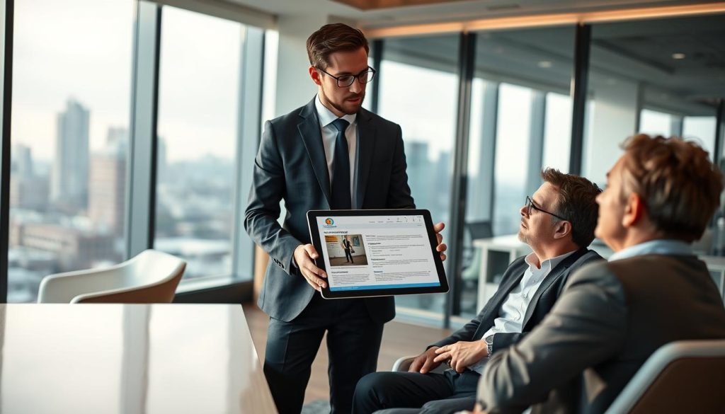 Consultant présentant une fiche de mission à son client