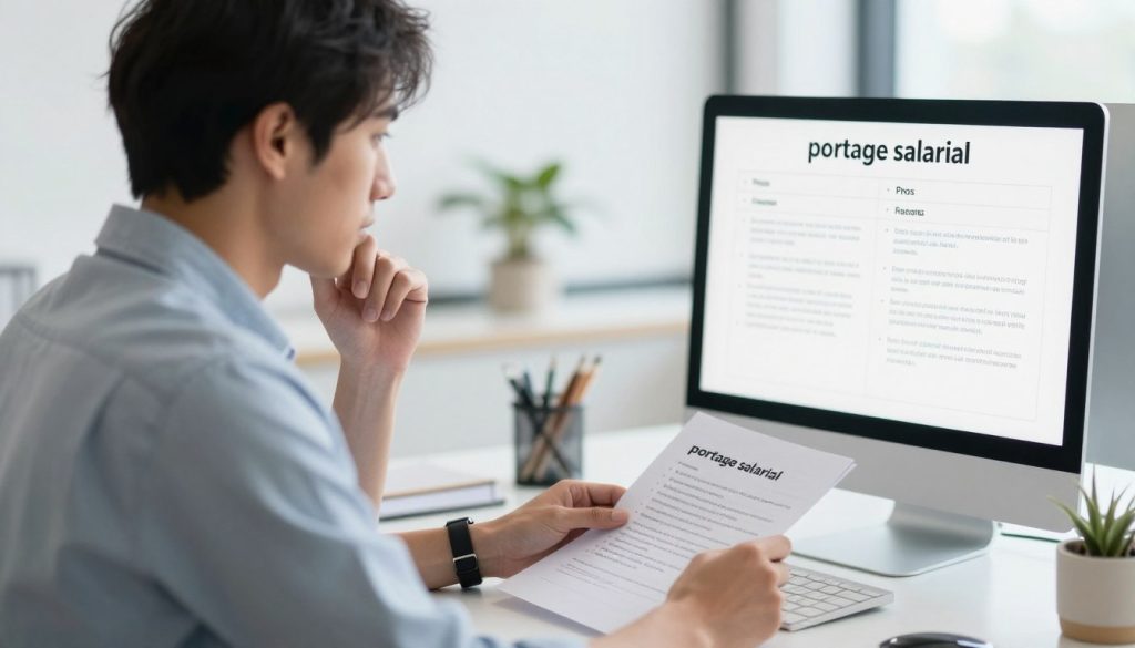 Consultant réfléchissant aux avantages et inconvénients du portage salarial