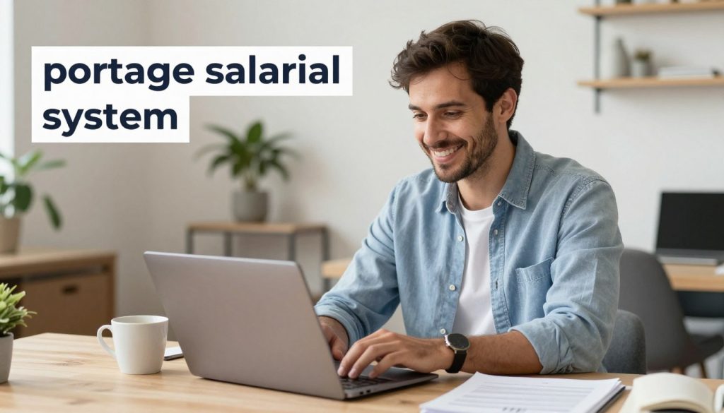 Consultant satisfait travaillant en portage salarial avec un ordinateur portable dans un environnement agréable