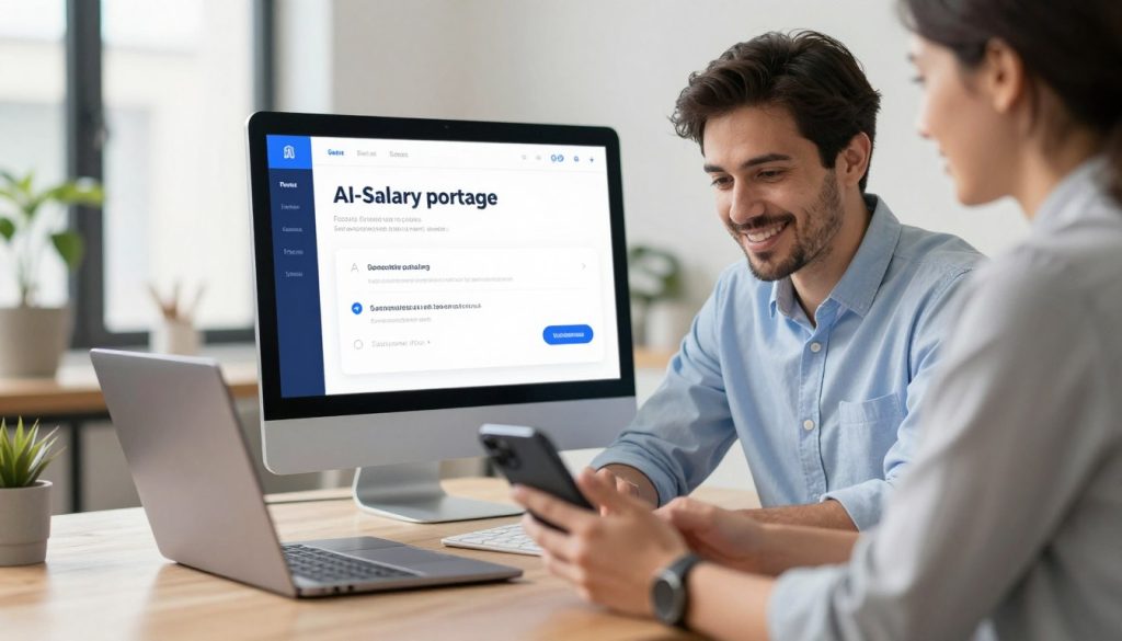 Consultant satisfait utilisant la plateforme de portage salarial automatisé par intelligence artificielle sur différents appareils