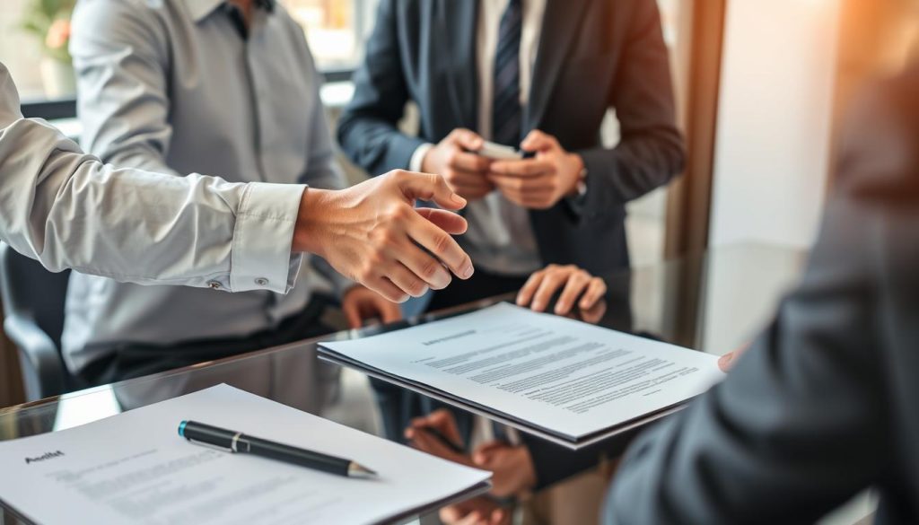 Consultant signant un contrat de portage salarial avec un représentant de la société de portage