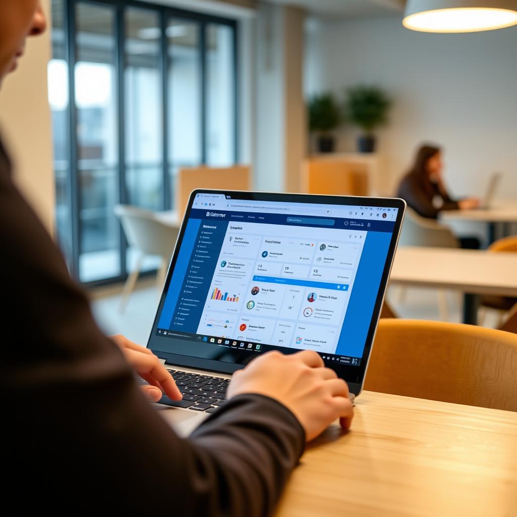 Consultant utilisant la plateforme Bizme.fr sur son ordinateur Consultant utilisant la plateforme Bizme.fr sur son ordinateur