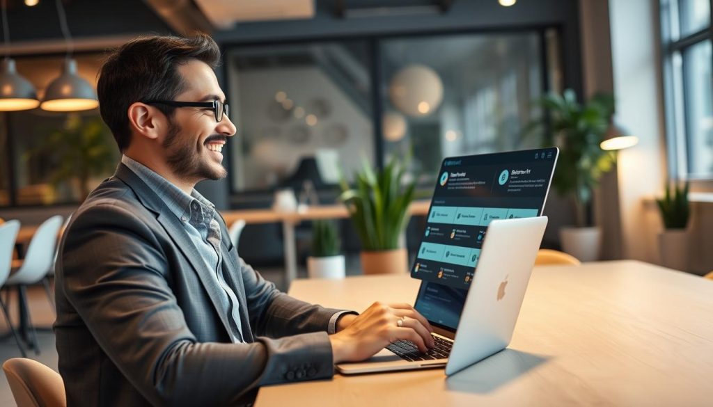 Consultant utilisant l'interface IA de Bizme.fr pour développer son réseau professionnel Consultant utilisant l'interface IA de Bizme.fr pour développer son réseau professionnel