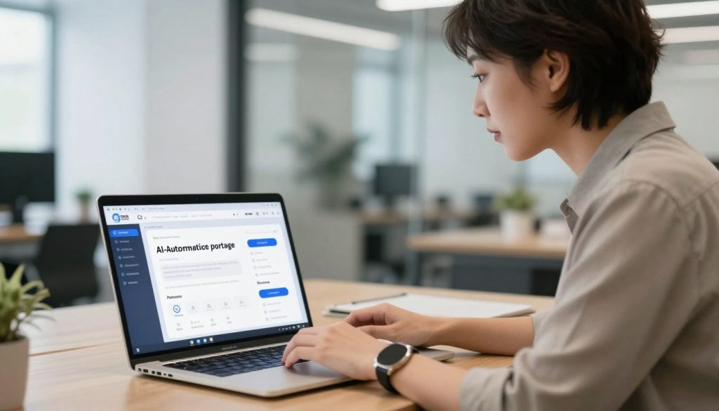 Consultant utilisant l'interface de la plateforme de portage salarial automatisé sur son ordinateur portable