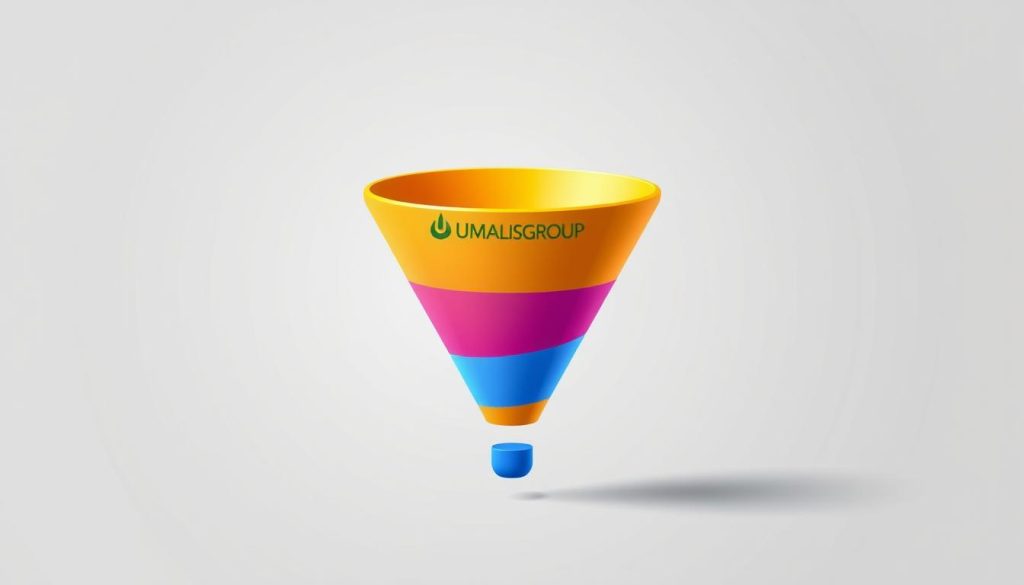 Conversion rate optimization strategies: A high-contrast digital illustration featuring the Umalis Group brand, showcasing a stylized sales funnel against a clean, minimalist background. The funnel flows from a wide top opening to a narrow bottom, representing the gradual process of converting visitors into customers. The funnel is rendered in a vibrant, eye-catching palette, with subtle gradient effects and smooth, geometric shapes. The overall composition conveys a sense of efficiency, precision, and data-driven optimization, aligning with the article's subject matter.